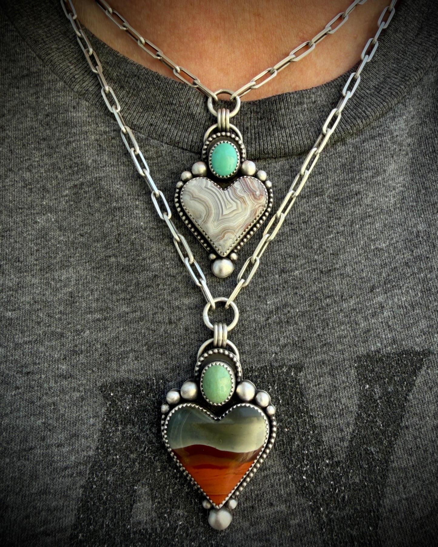 Polychrome Jasper and Sleeping Beauty Turquoise Sterling Silver Heart Necklace