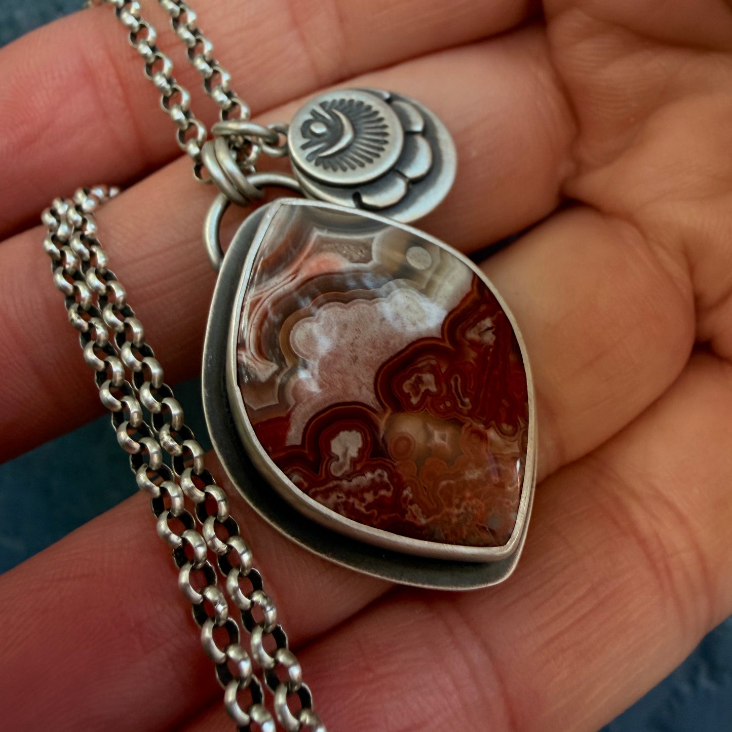 Laguna Lace Agate Hand Stamped Sterling Silver Medallion Necklace