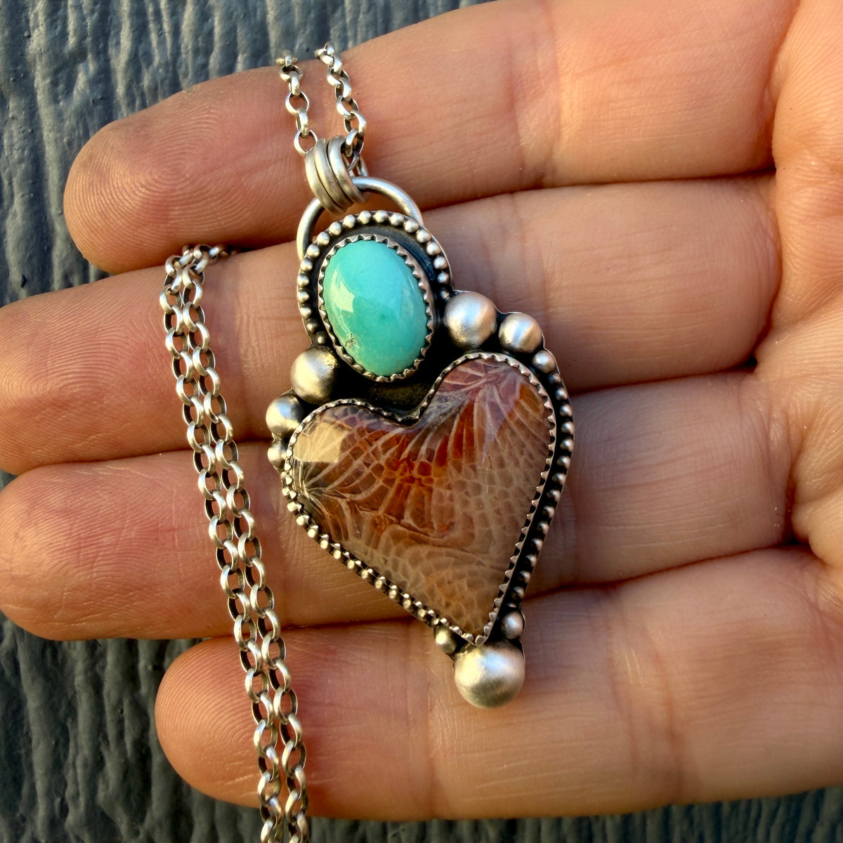 Fossilized Coral and Lone Mountain Turquoise Heart Necklace