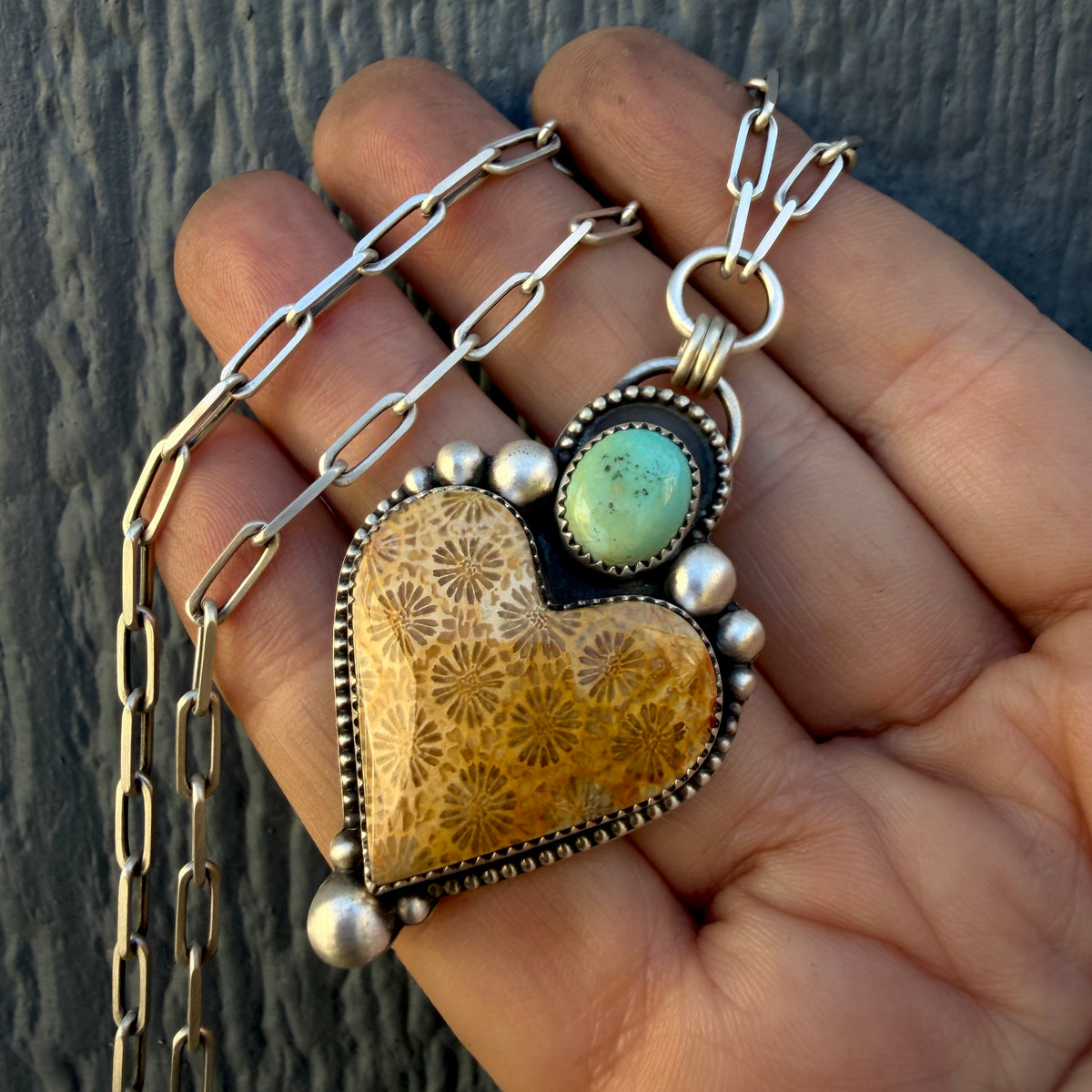 Fossilized Coral and Lone Mountain Turquoise Paperclip Chain Heart Necklace