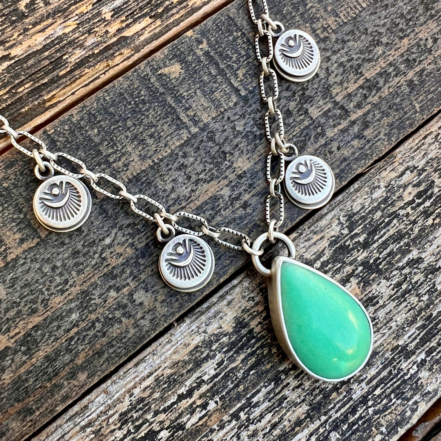 Australian chrysoprase hand stamped charm necklace