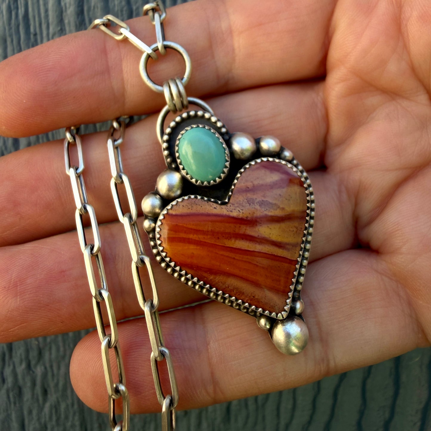 Polychrome Jasper and Sleeping Beauty Turquoise Paperclip Heart Necklace