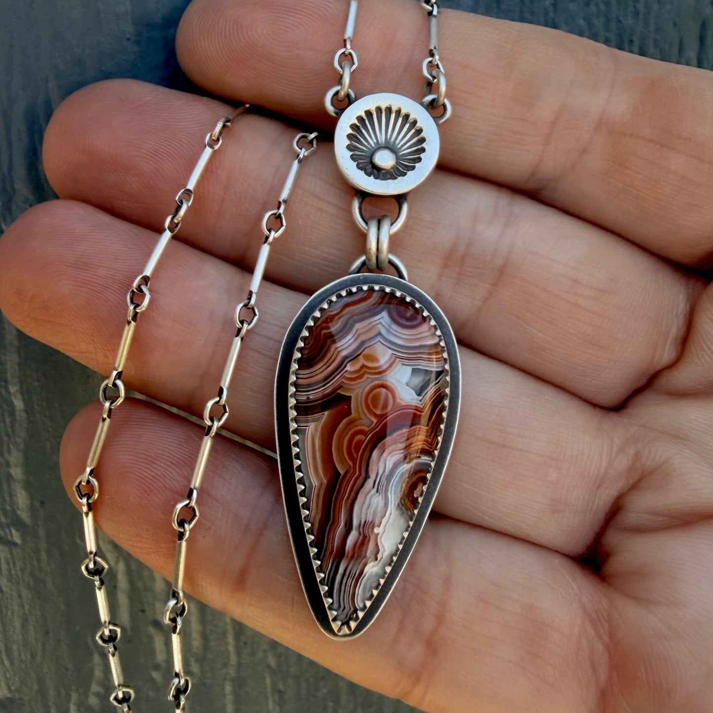 Hand Stamped Laguna Lace Agate Sunburst Drop Necklace