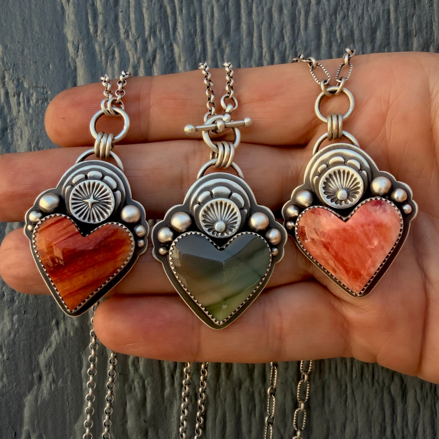 Spiny Oyster Shell Sacred Heart Hand Stamped Necklace