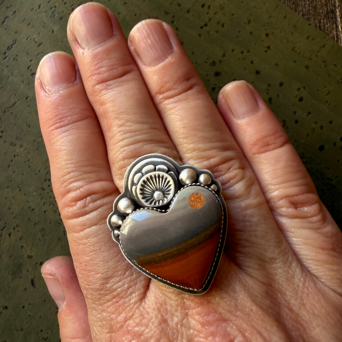 Made To Order:Orange and Grey Jasper Moonscape Sacred Heart Ring or Necklace