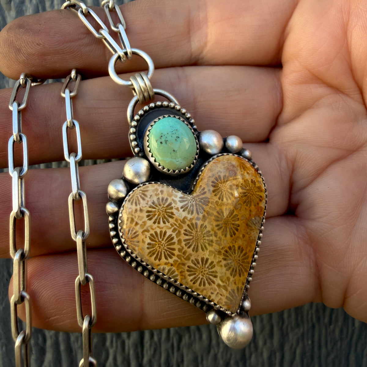 Fossilized Coral and Lone Mountain Turquoise Paperclip Chain Heart Necklace