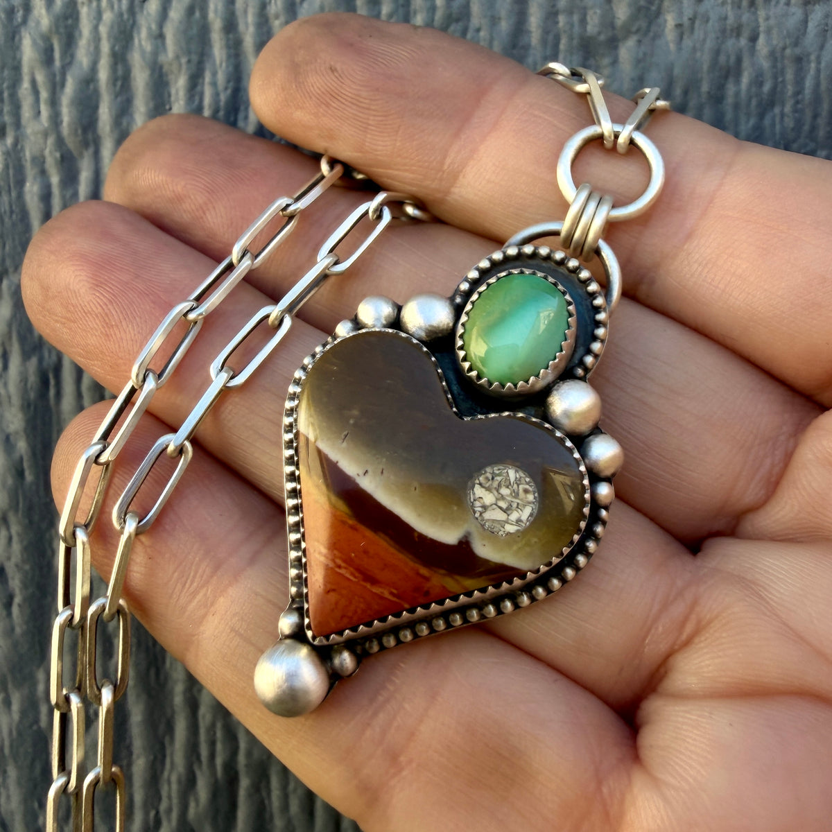 Polychrome Jasper Moonscape  and Lone Mountain Turquoise Paperclip Chain Heart Necklace