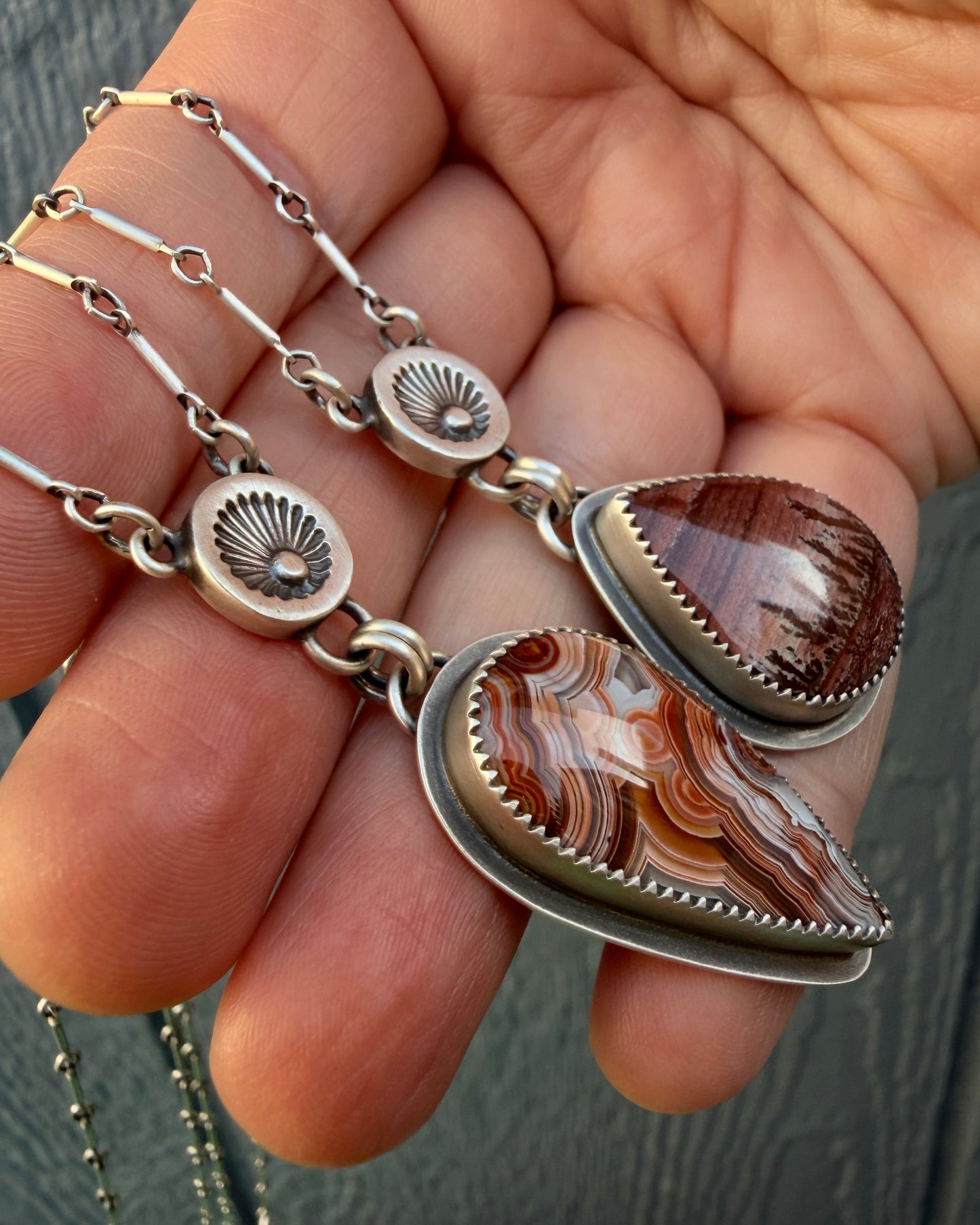 Hand Stamped Sunburst Drop Necklace-Bar & Link Chain