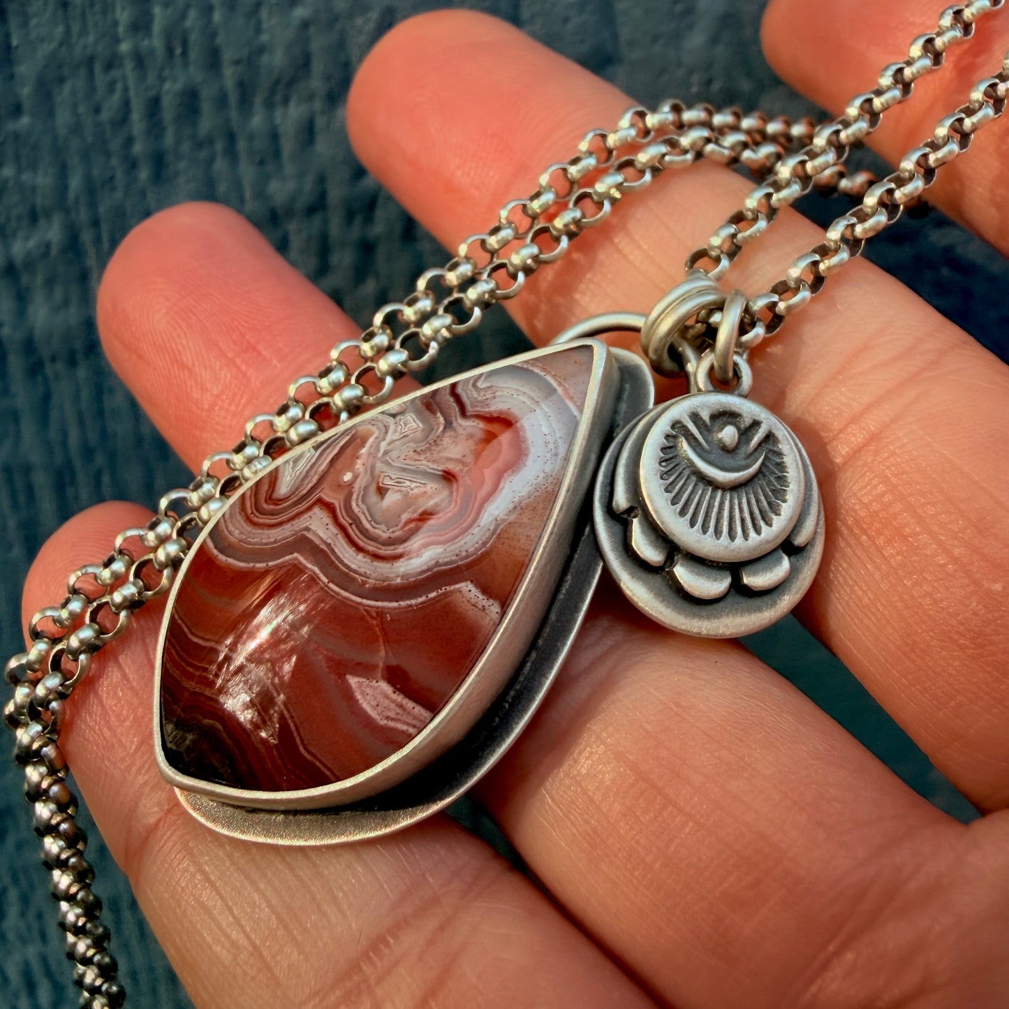Laguna Lace Agate Hand Stamped Sterling Silver Medallion Necklace