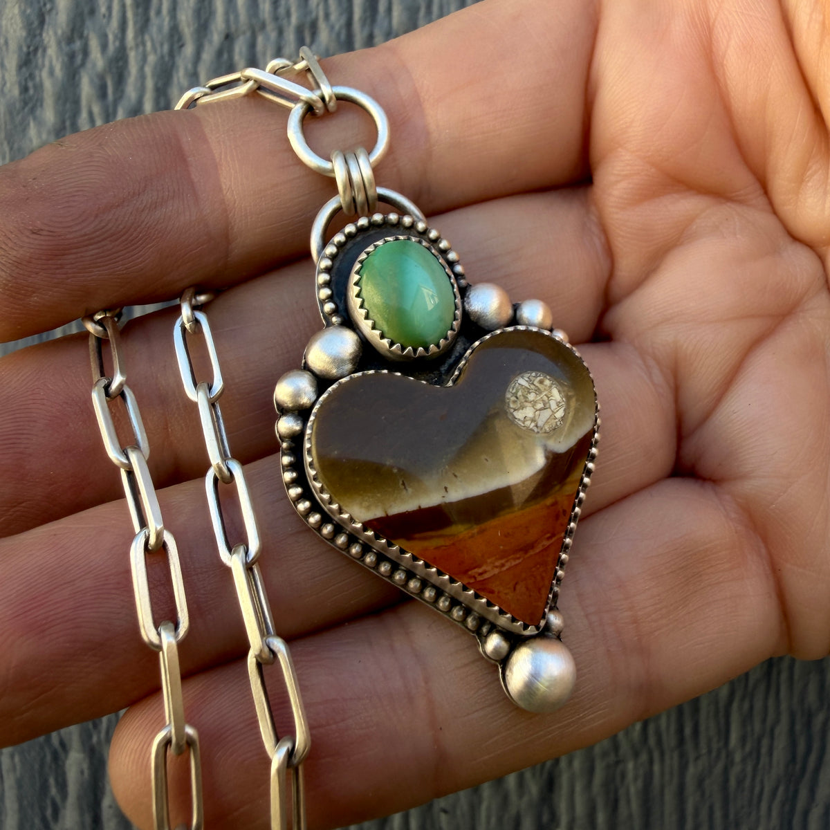Polychrome Jasper Moonscape  and Lone Mountain Turquoise Paperclip Chain Heart Necklace
