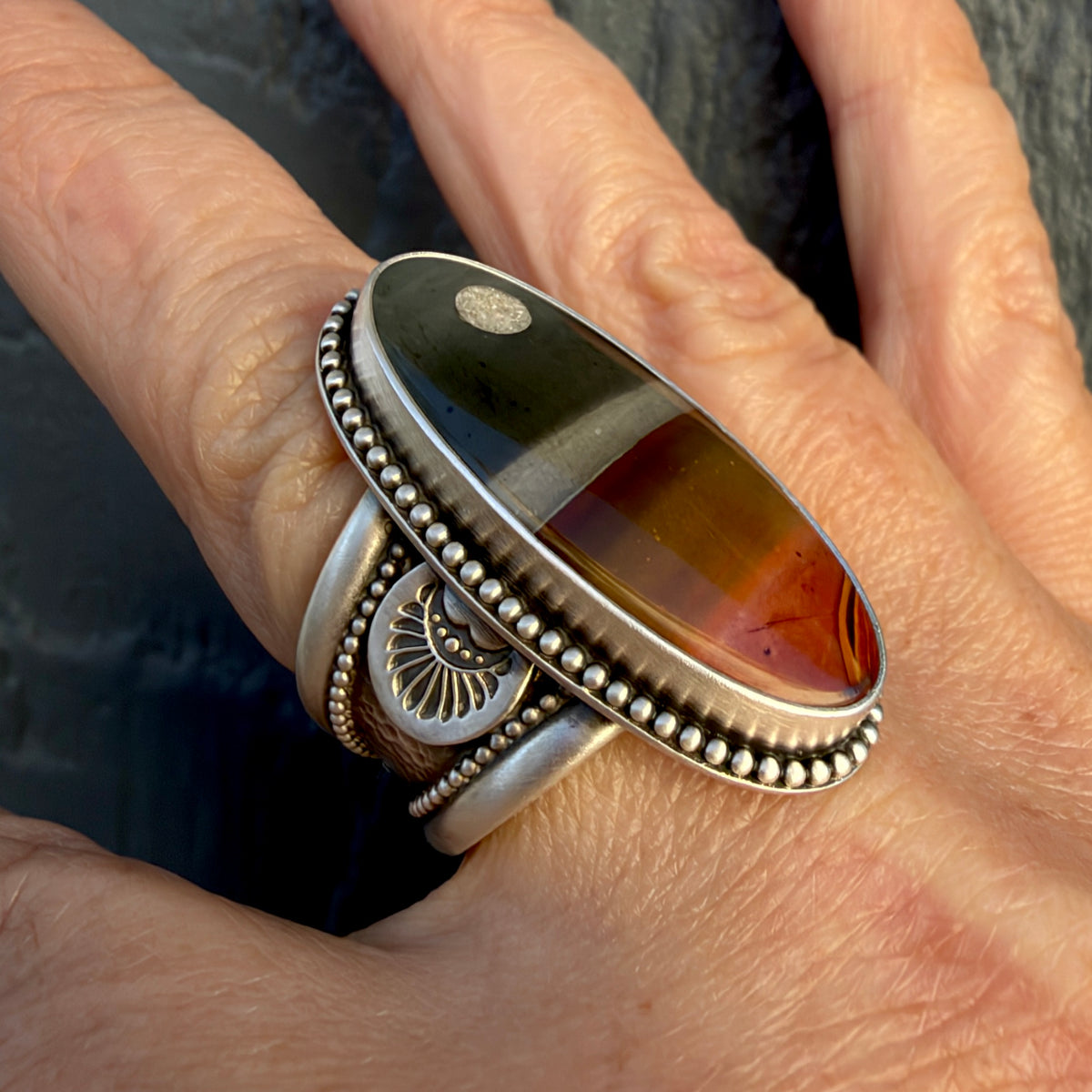 Polychrome Jasper Moonscape Hand Stamped Wide Band Ring Size 8
