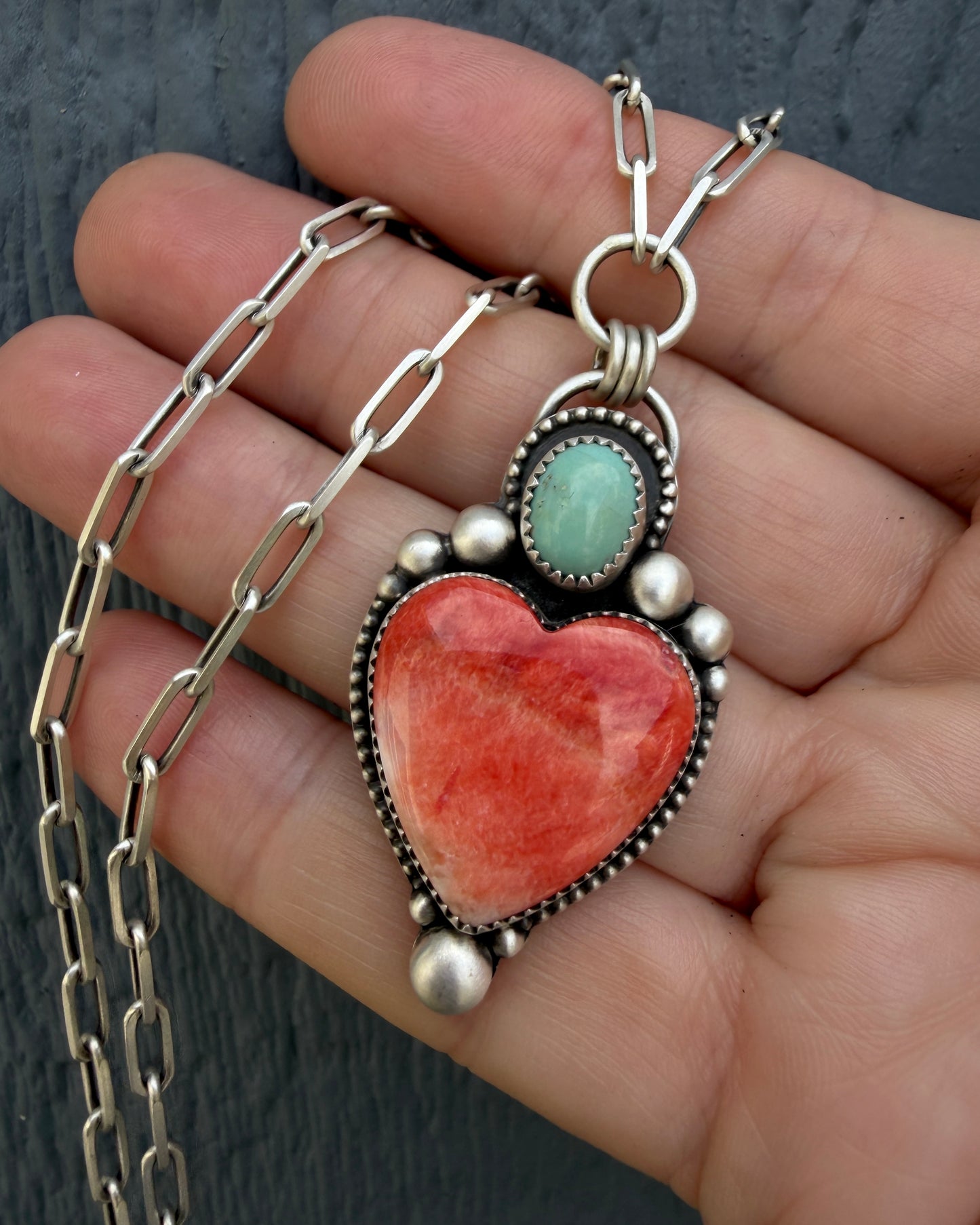 Red Spiny Oyster and Sleeping Beauty Turquoise Heart Necklace – Paperclip Chain