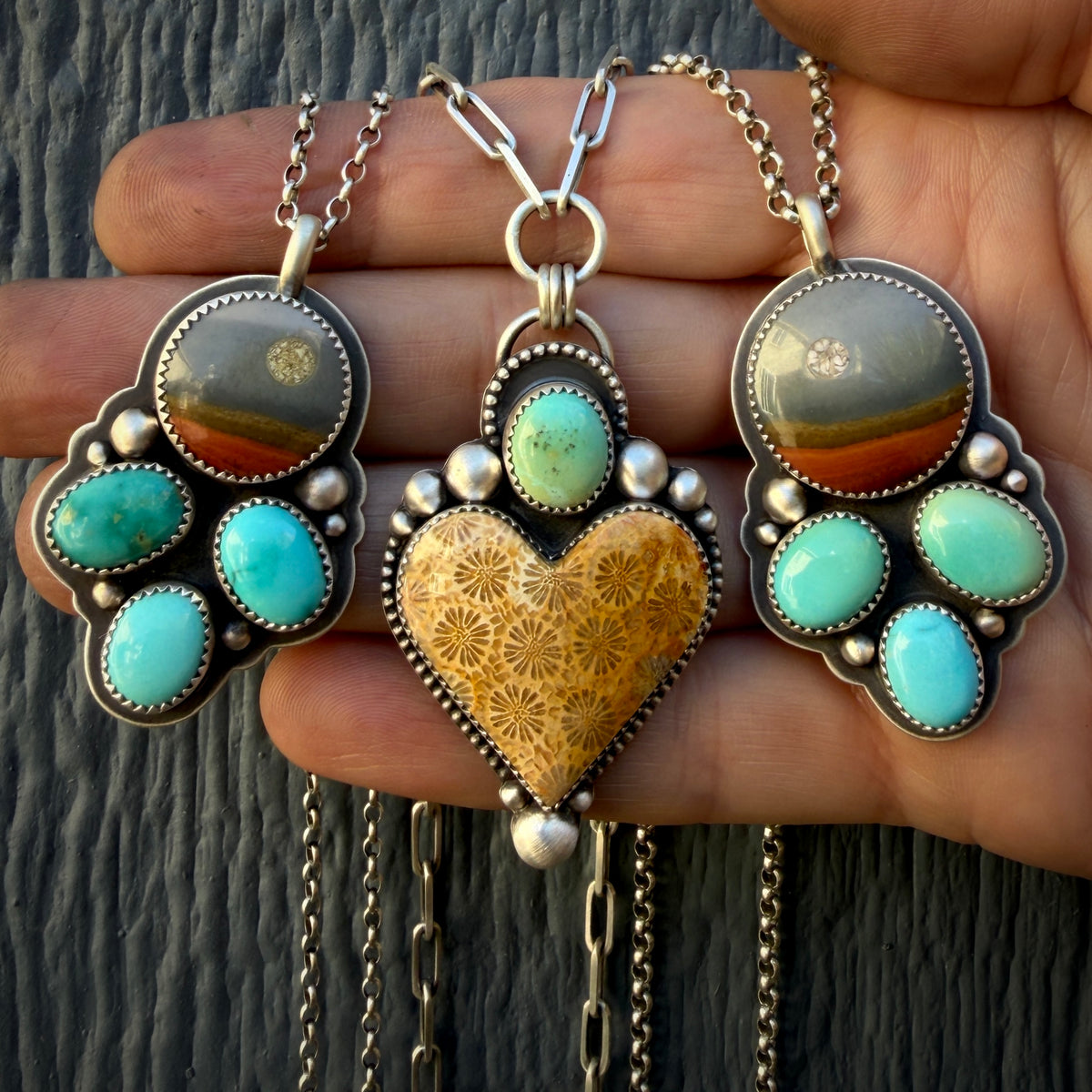 Fossilized Coral and Lone Mountain Turquoise Paperclip Chain Heart Necklace