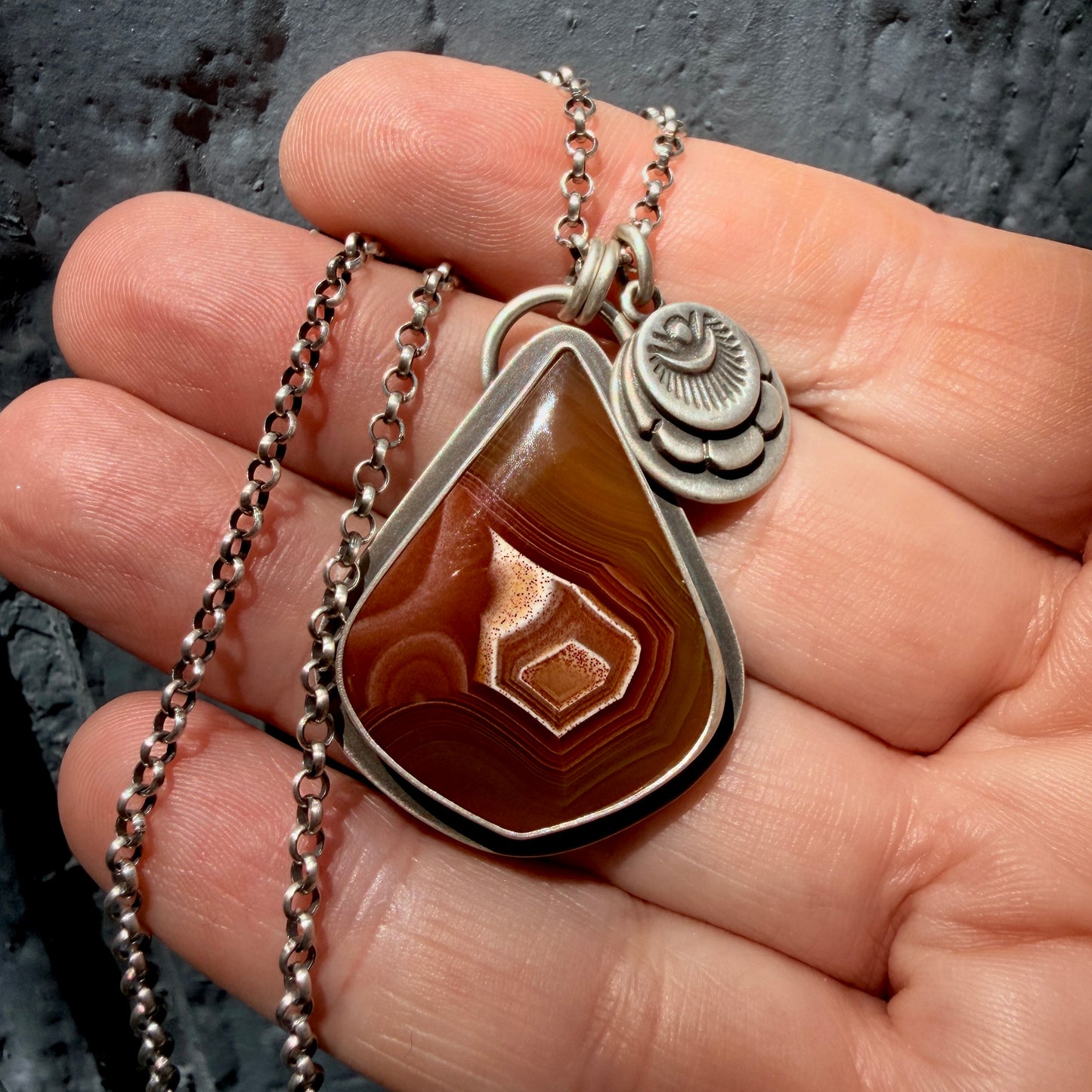 Agua Nueva Agate Hand Stamped Sterling Silver Medallion Necklace