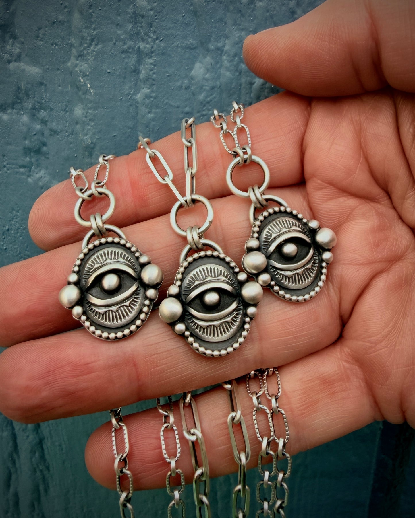 Handcrafted Evil Eye Sterling Silver Talisman Necklace -Textured Oval or Paperclip Chain-MADE TO ORDER