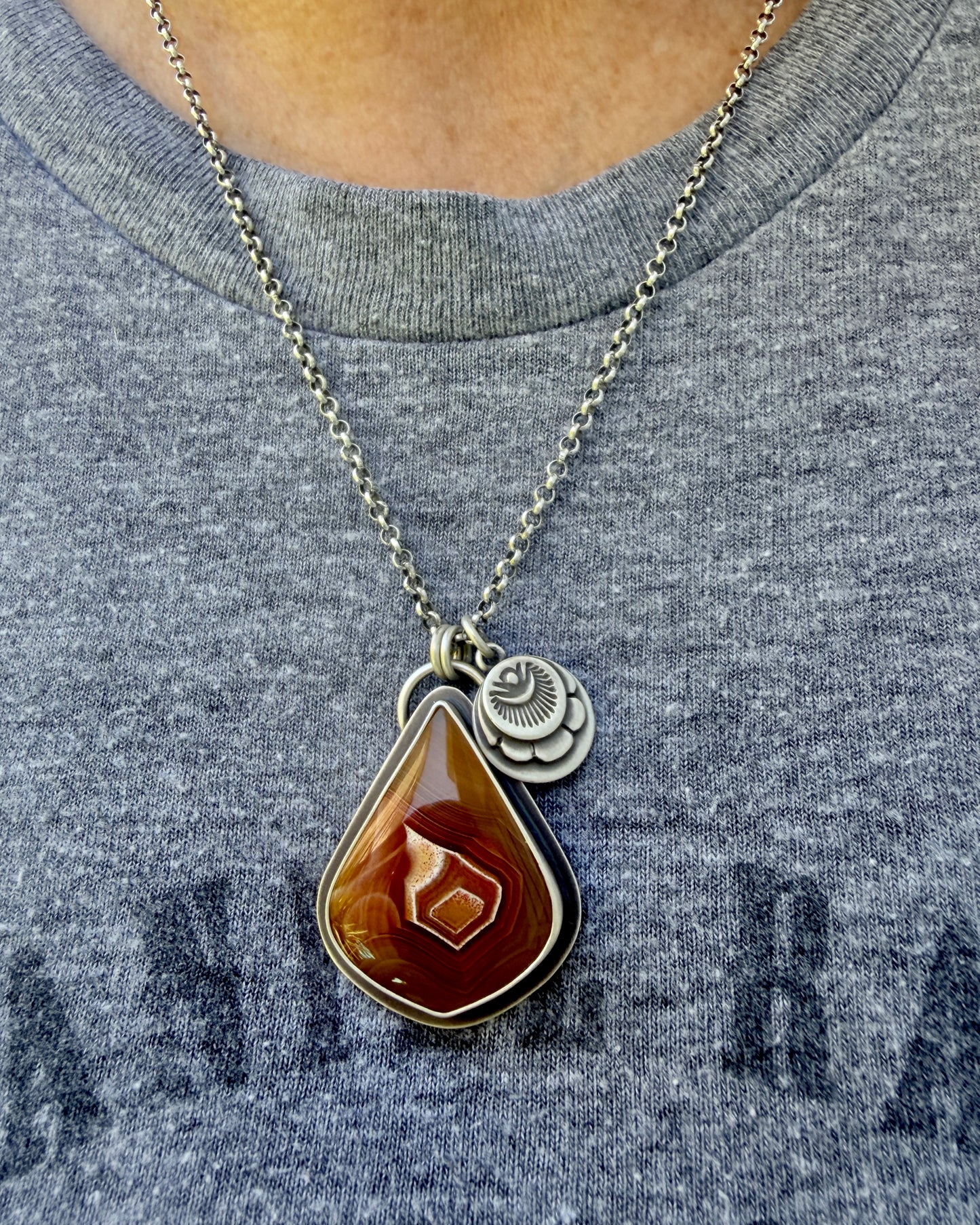 Agua Nueva Agate Hand Stamped Sterling Silver Medallion Necklace