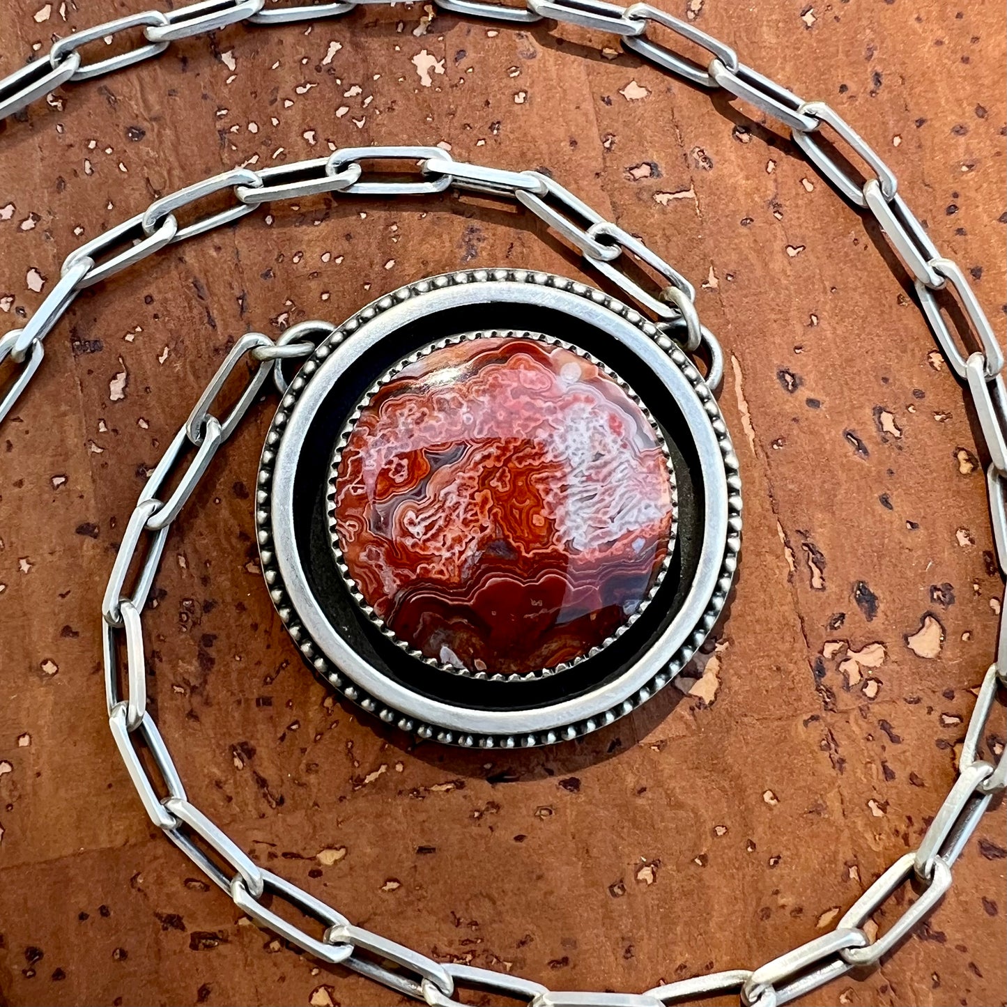 Ruby Red Laguna Lace Agate Necklace – Sterling Silver Shadowbox Pendant with Paperclip Chain