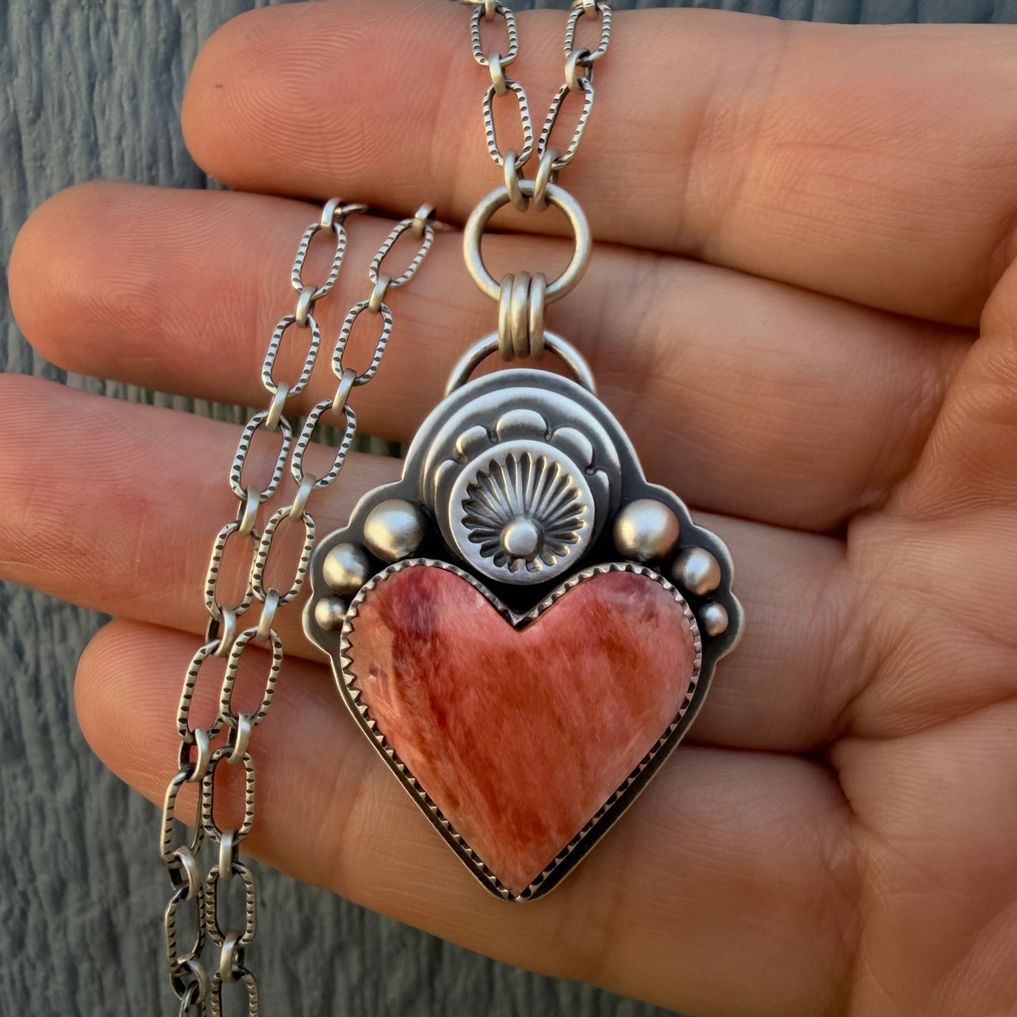 Spiny Oyster Shell Sacred Heart Hand Stamped Necklace