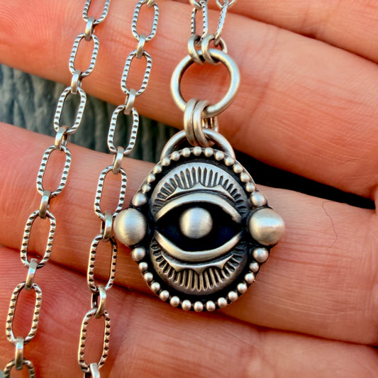 Handcrafted Evil Eye Talisman Necklace -Textured Oval or Paperclip Chain-MADE TO ORDER