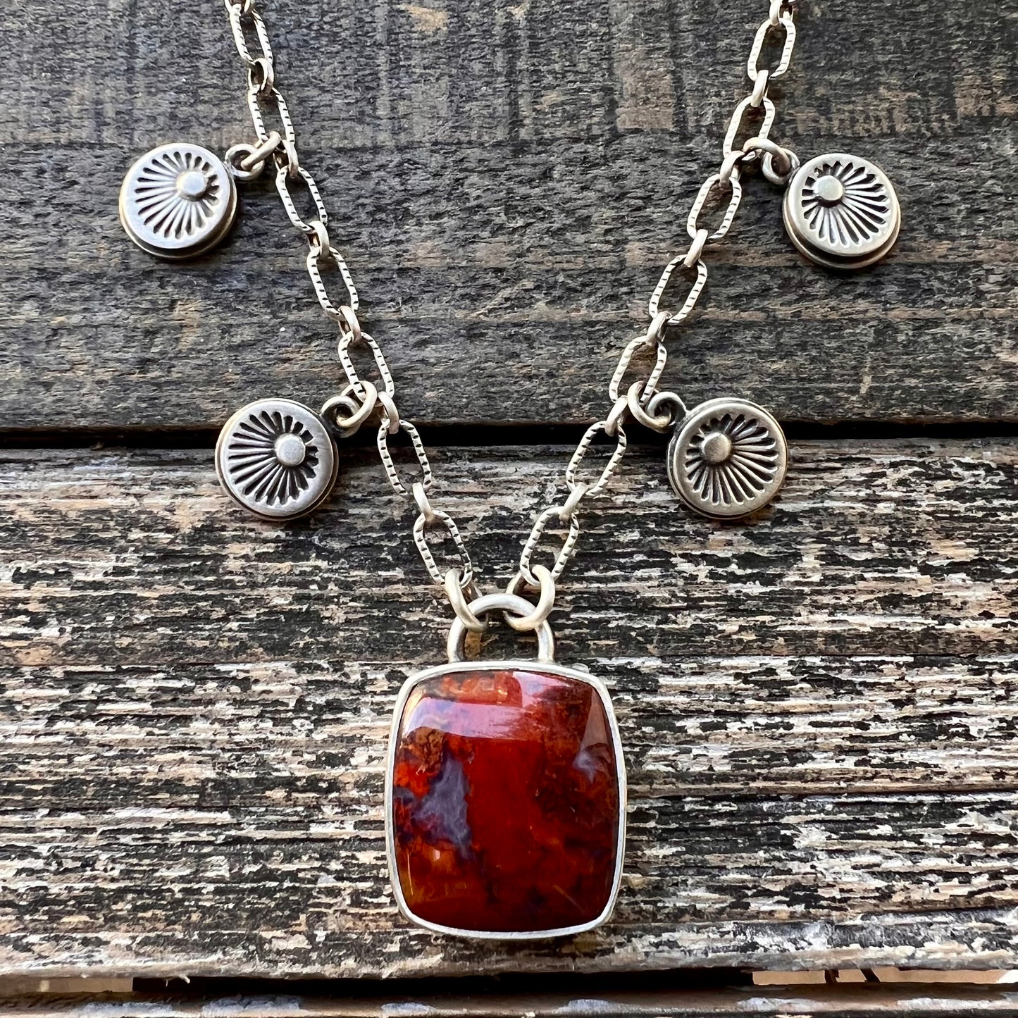 Moroccan agate hand stamped charm necklace