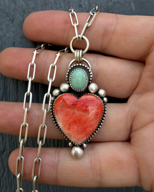 Red Spiny Oyster and Sleeping Beauty Turquoise Heart Necklace – Paperclip Chain