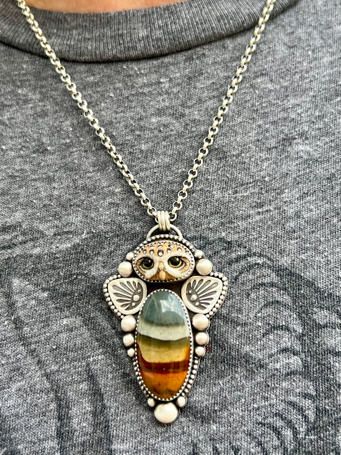 Laura Mears Athena Owl &  Polychrome Jasper Handcrafted Necklace