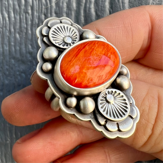 Orange Blossom Ring – Sterling Silver & Spiny Oyster Shell with Hand-Stamped Floral Detail Size 7
