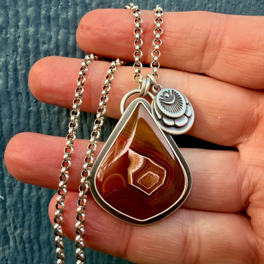 Agua Nueva Agate Hand Stamped Sterling Silver Medallion Necklace