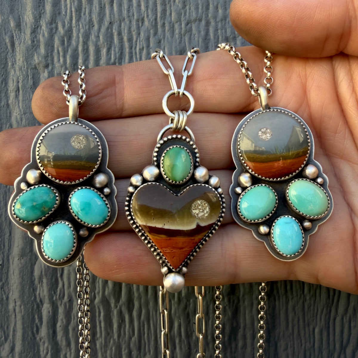 Polychrome Jasper Moonscape  and Lone Mountain Turquoise Paperclip Chain Heart Necklace