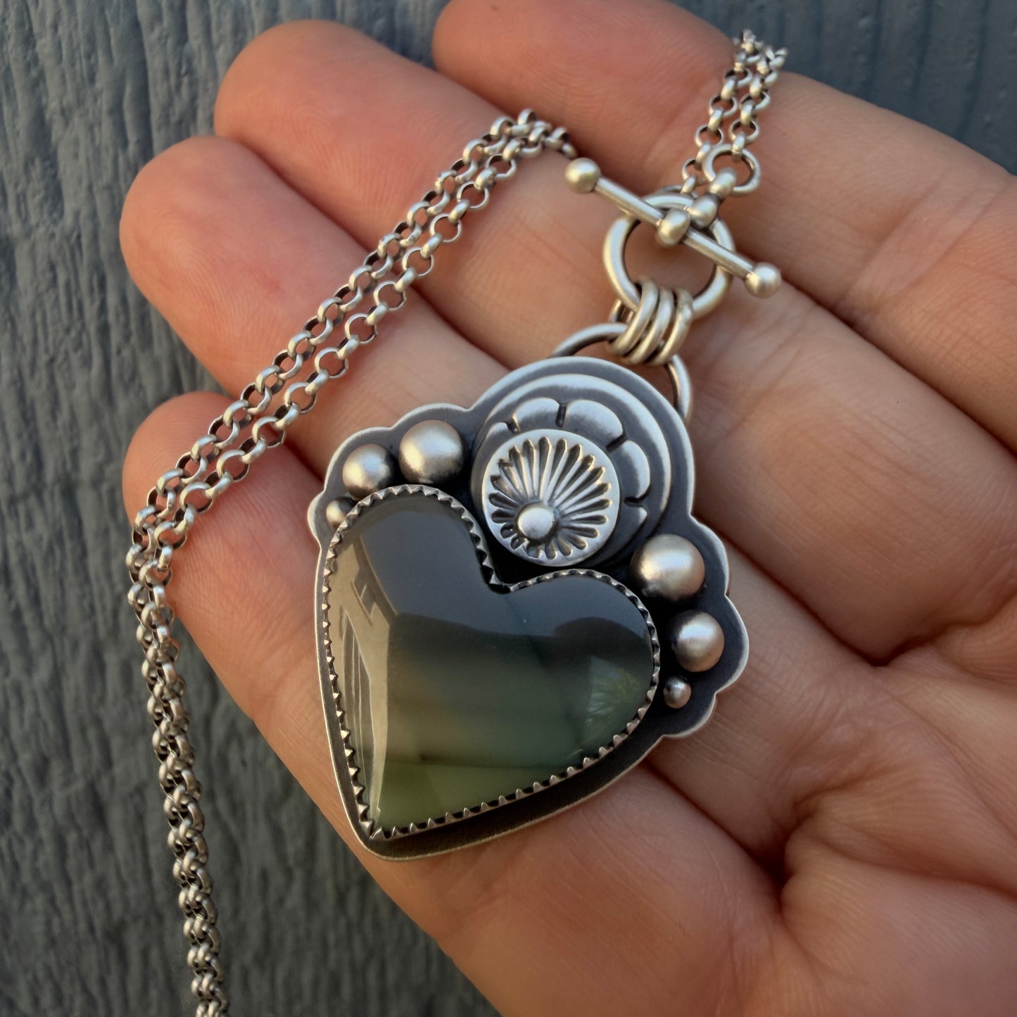 Imperial Jasper Sacred Heart Hand Stamped Toggle Necklace