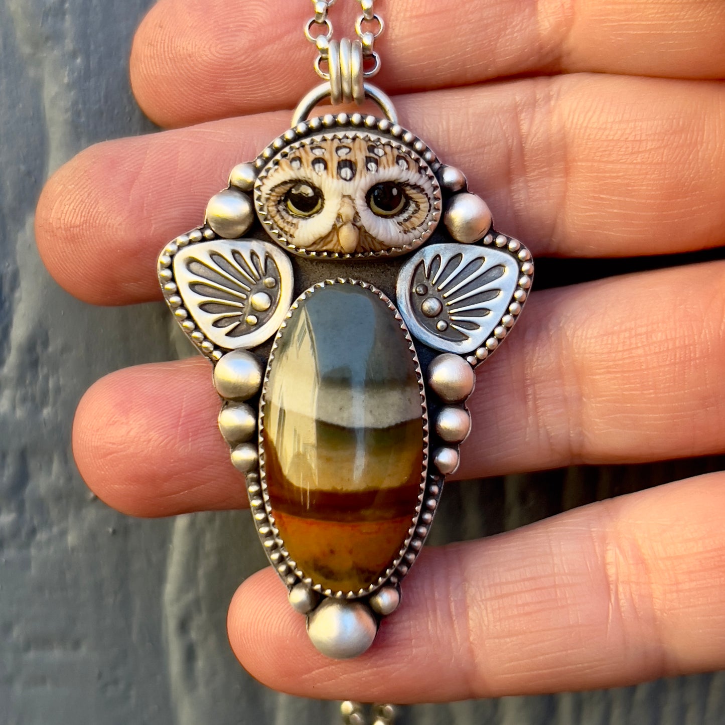 Laura Mears Athena Owl &  Polychrome Jasper Handcrafted Necklace