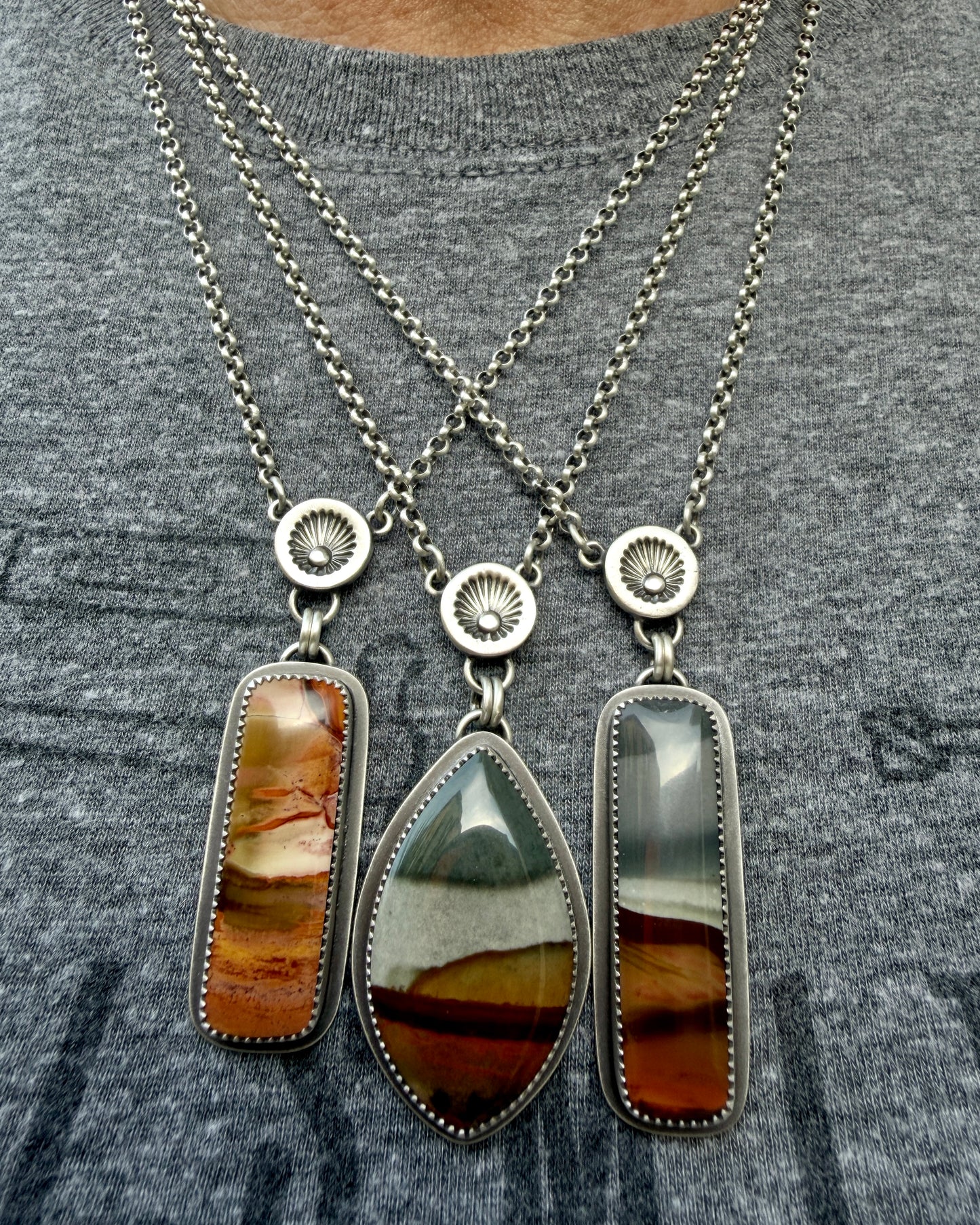 Polychrome Jasper Hand Stamped Sunburst Drop Necklace-Sterling & Fine Silver