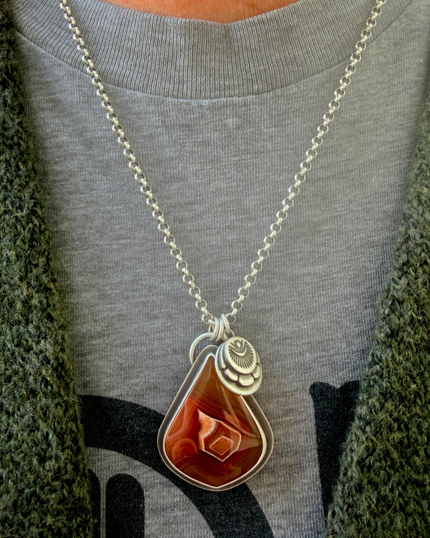 Agua Nueva Agate Hand Stamped Sterling Silver Medallion Necklace