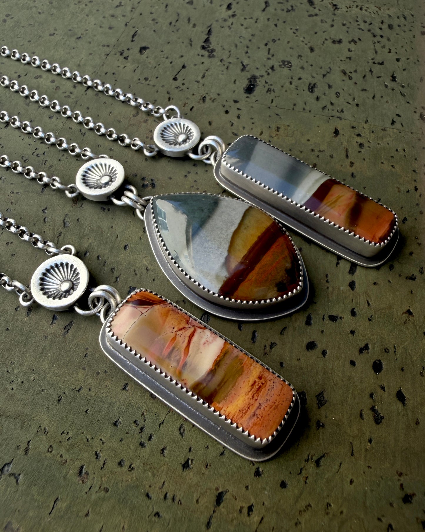 Polychrome Jasper Hand Stamped Sunburst Drop Necklace-Sterling & Fine Silver