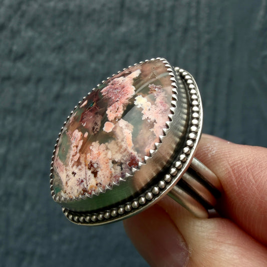 Pink Lady Plume Agate Doublet Handcrafted Ring Size 8