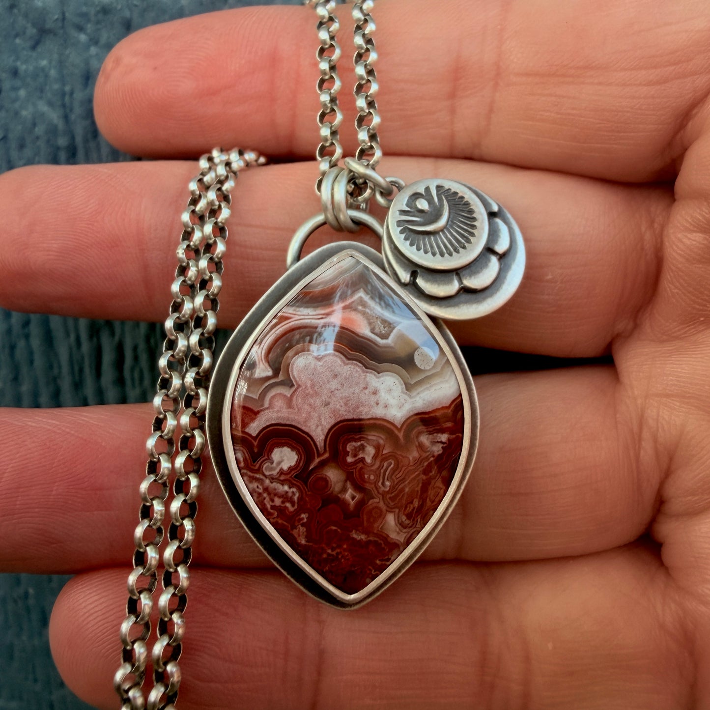 Laguna Lace Agate Hand Stamped Sterling Silver Medallion Necklace