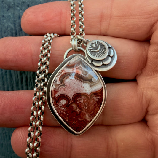 Laguna Lace Agate Hand Stamped Sterling Silver Medallion Necklace