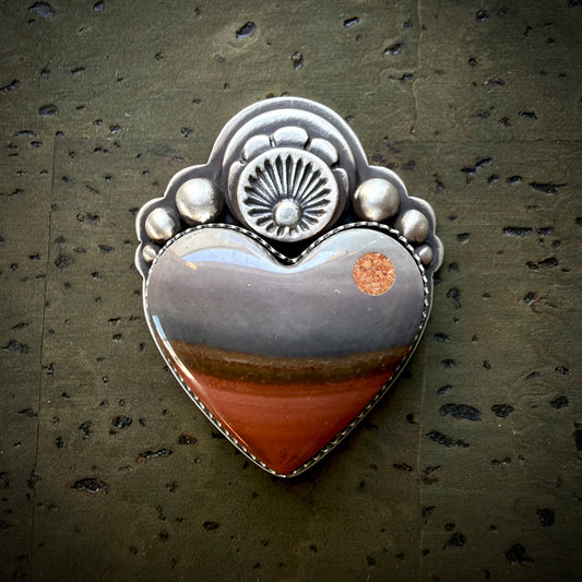 Made To Order:Orange and Grey Jasper Moonscape Sacred Heart Ring or Necklace